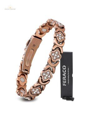 Pure Copper Magnetic Bracelet, Neodymium Magnets, Adjustable, Cubic Zirconia